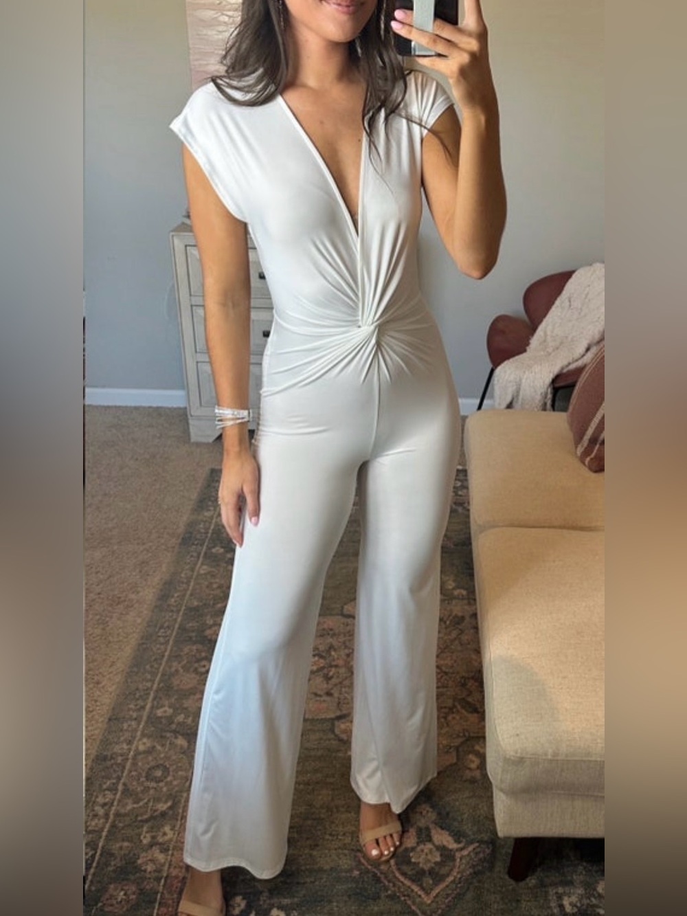 New Dress Day Twisted Knot-Front Wide-Leg Jumpsuit in Ivory in Sz Large